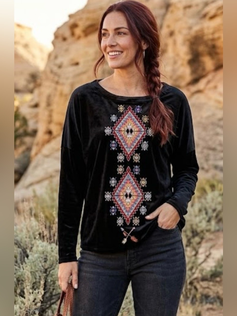 Savanna Jane Women's Black Velvet Embroidered Hippie Top, Boho Stretch Size M